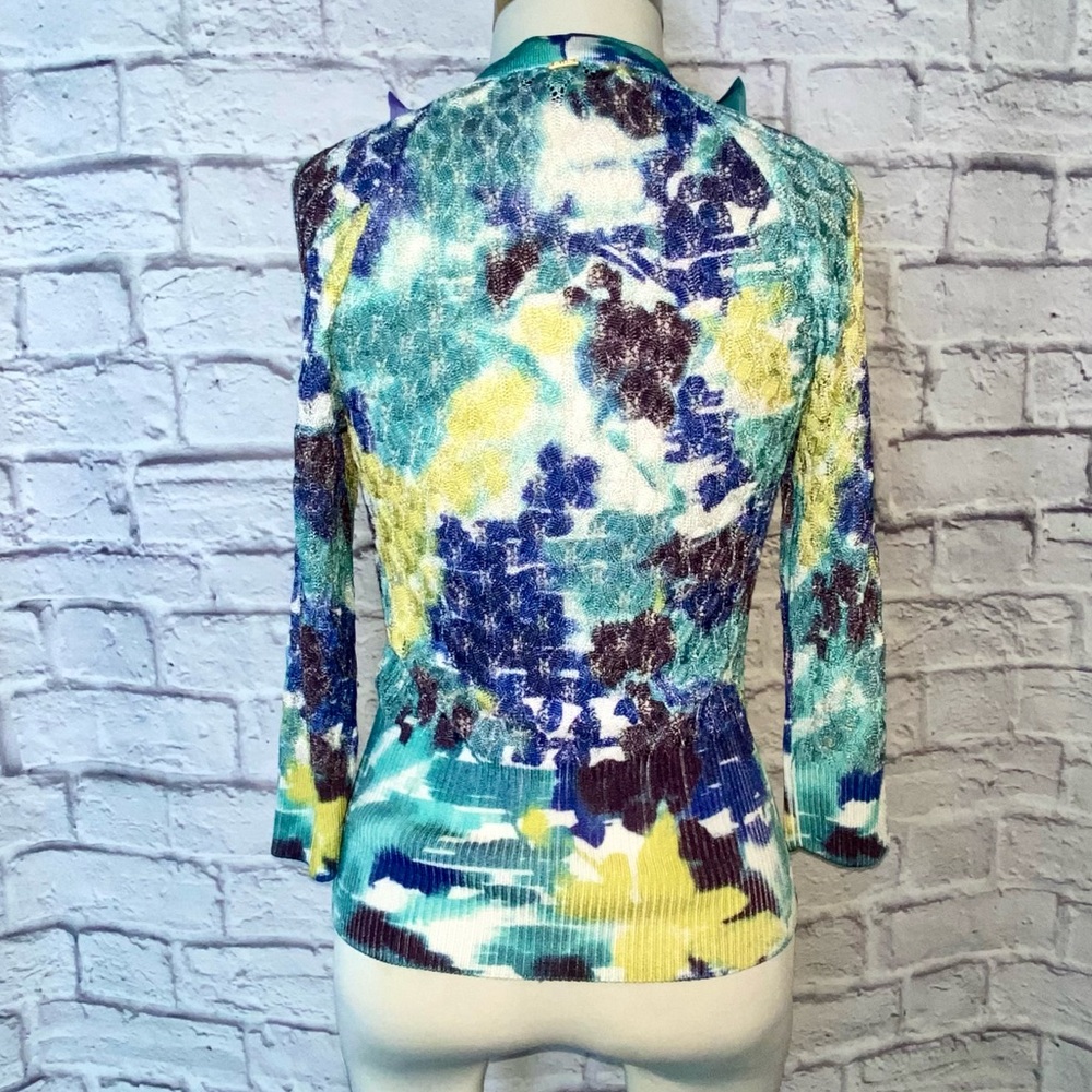 St John. Watercolor Button Up Cardigan in Blues, Yellow, Green. Size XS. - Picture 5 of 12